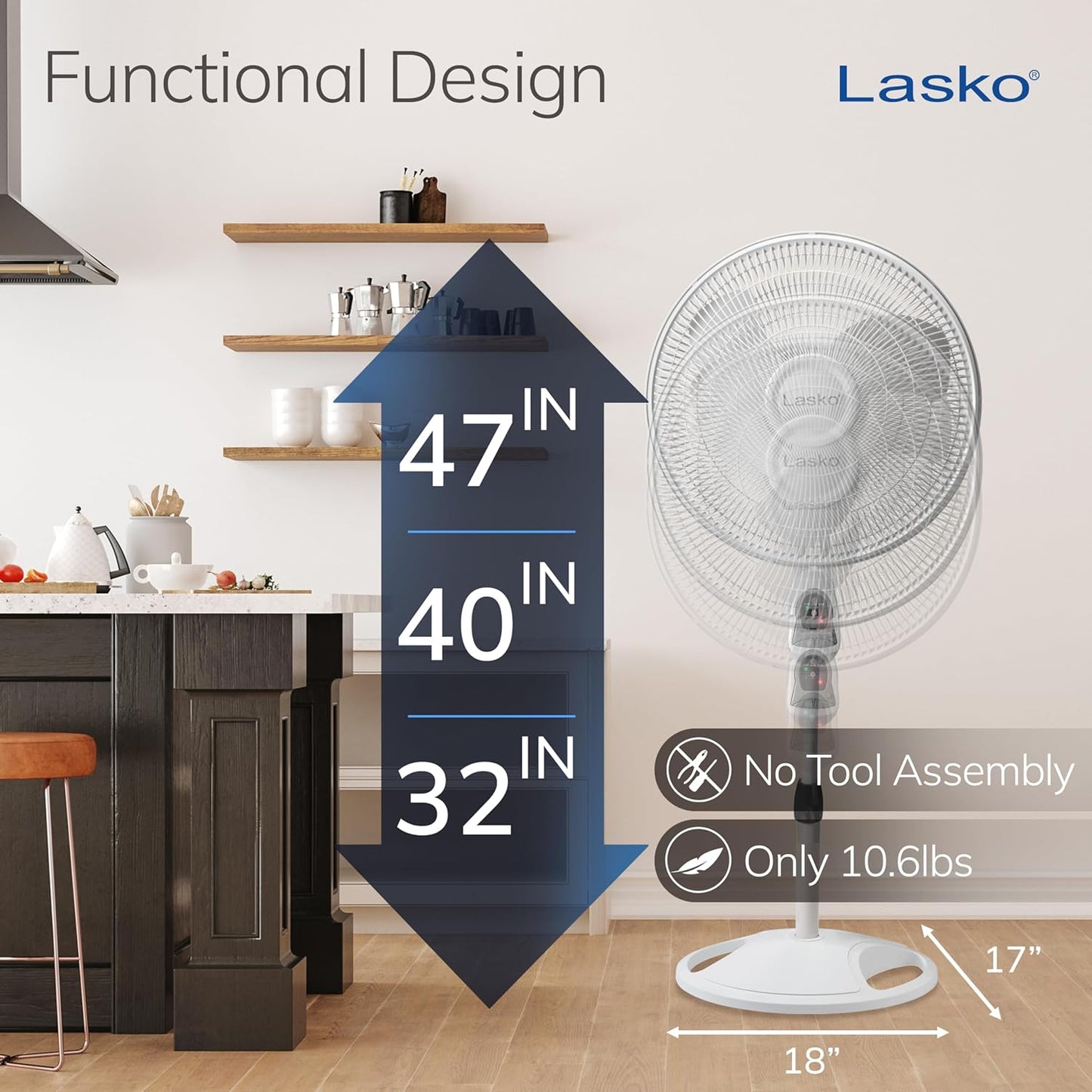 Lasko Elegance and Performance Pedestal Stand Fan, 3-Speeds, 90 Degree Oscillation, Adjustable Height, Timer, Remote for Indoor, Bedroom, Living Room, Home Office, Dorm Use, 18 Inch, White, 1850