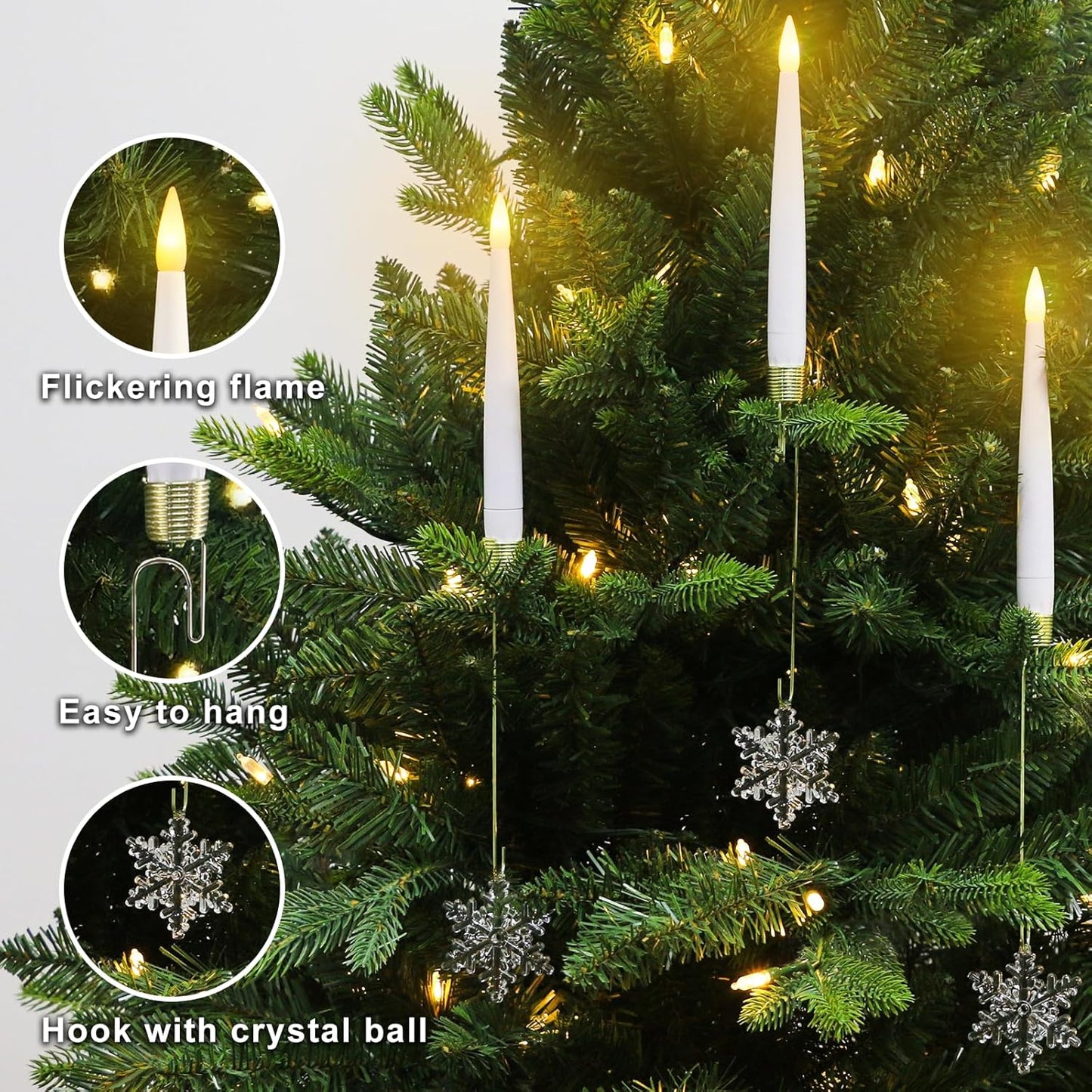 Flameless Christmas Tree Candles - 12 Pack LED Flickering Battery Operated Decor with Magic Wand & Snowflake Design