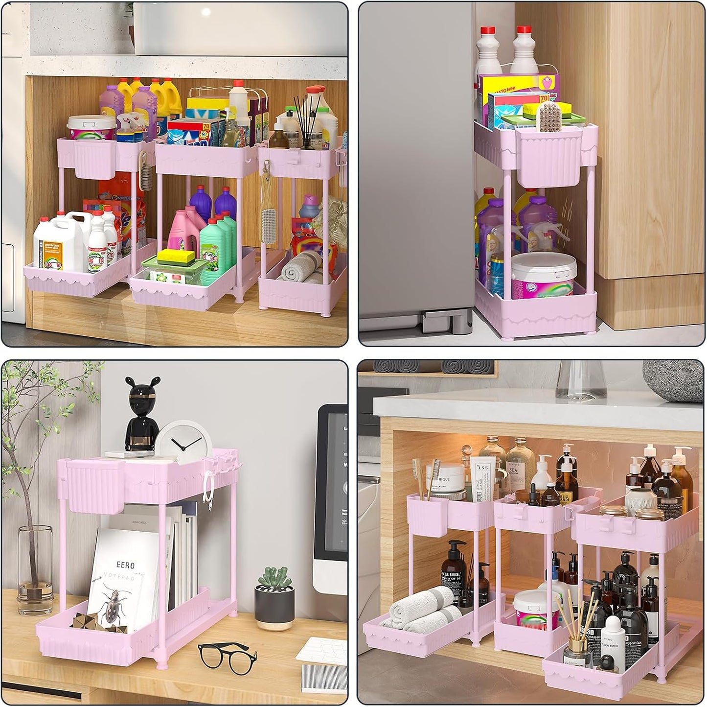 Sevenblue Under Sink Organizers - 2-Tier Kitchen & Bathroom Storage with Sliding Drawers | Pink, 14.8 Inch