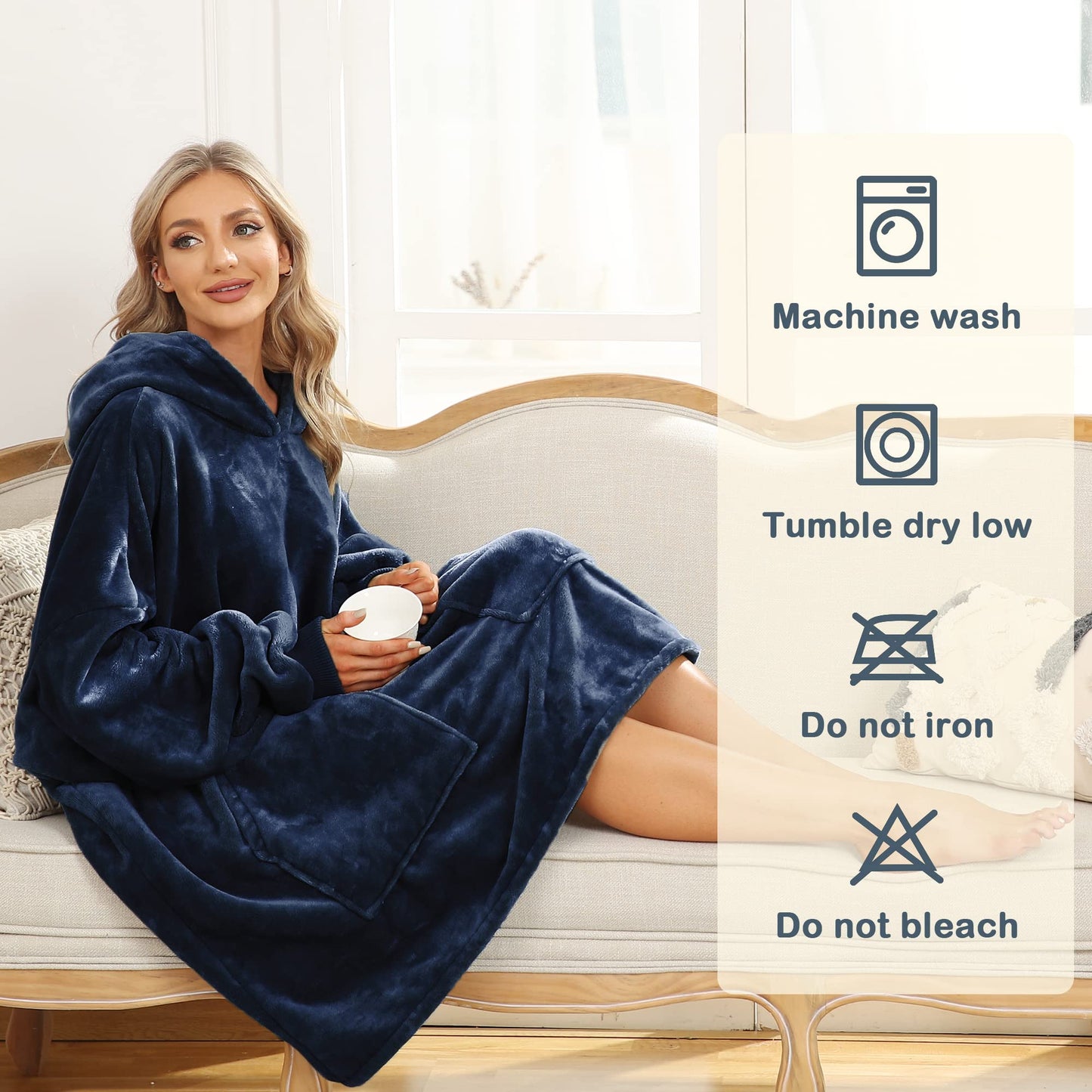 Kipswiza Blanket Hoodie - Wearable Blankets Oversized Soft Cozy Flannel Sweatshirt Blanket for Adult-Navy