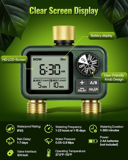 Brass Sprinkler Timer - Programmable Water Timer for Garden Hose with Auto/Manual/Rain Delay | 2 Outlet F12WT06