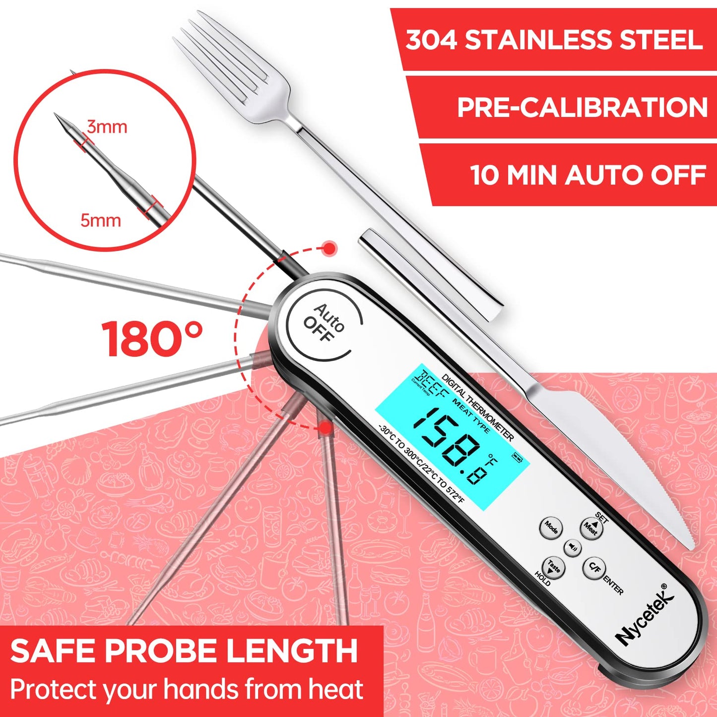 Nycetek Digital Cooking Thermometer, Accurate & Waterproof Instant Read Meat Thermometer with Backlit, Calibration, Probe, Food Thermometer for Kitchen, Grilling, Candy, BBQ, Oil Fry, Baking