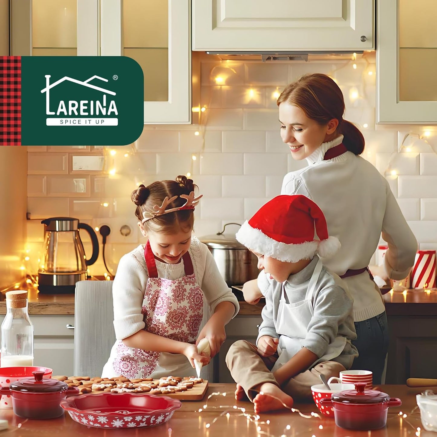 Lareina Mini Cocotte - 12oz Ceramic Casserole Dishes with Handles & Lid | Set of 4 - Red, Oven & Microwave Safe