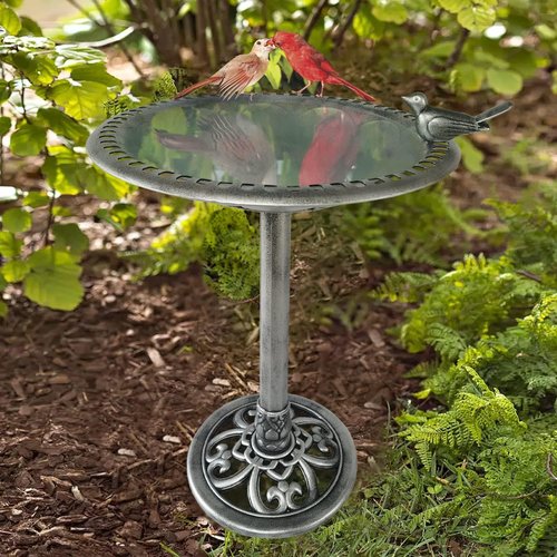 Backyard Expressions Outdoor Garden Bird Bath - Weather Resistant Polyresin - 30 Inch Silver