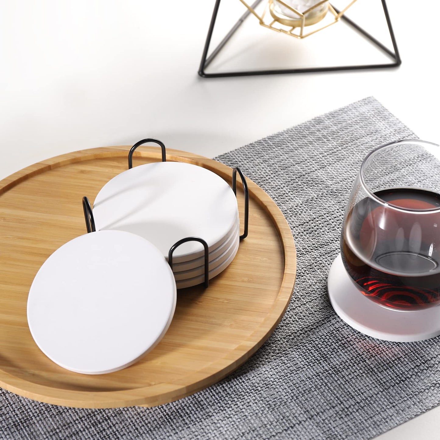 ABenkle Coasters for Drinks with Holder for Coffee Table, Absorbent Coaster Sets of 6, Drink Coasters with Marble Ceramic, Cup Coasters for Wooden Table, Housewarming Gift for Home Decor - White