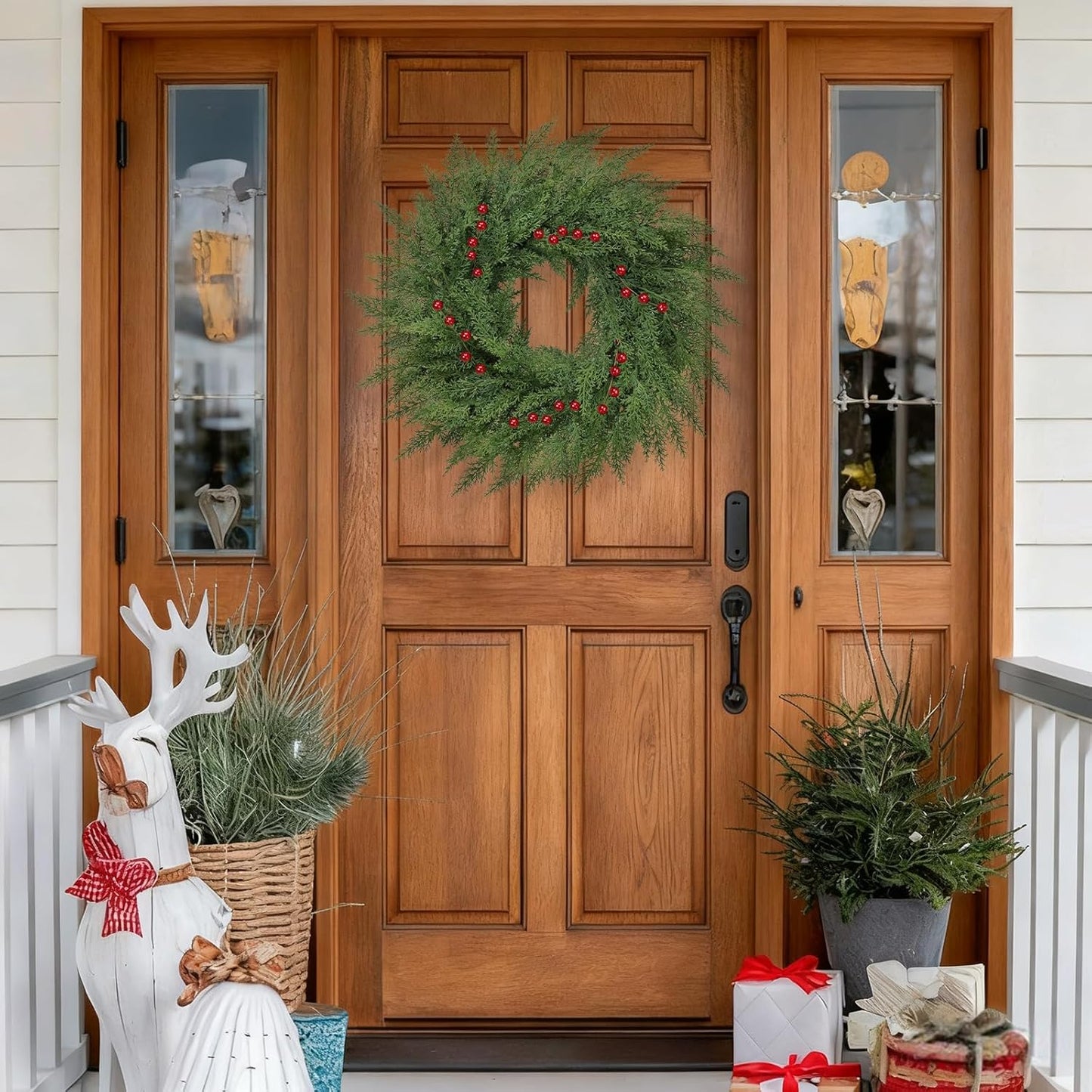 Lush Christmas Wreath - 24-Inch Real Touch Faux Cedar with Red Berries | Indoor & Outdoor Holiday Decor