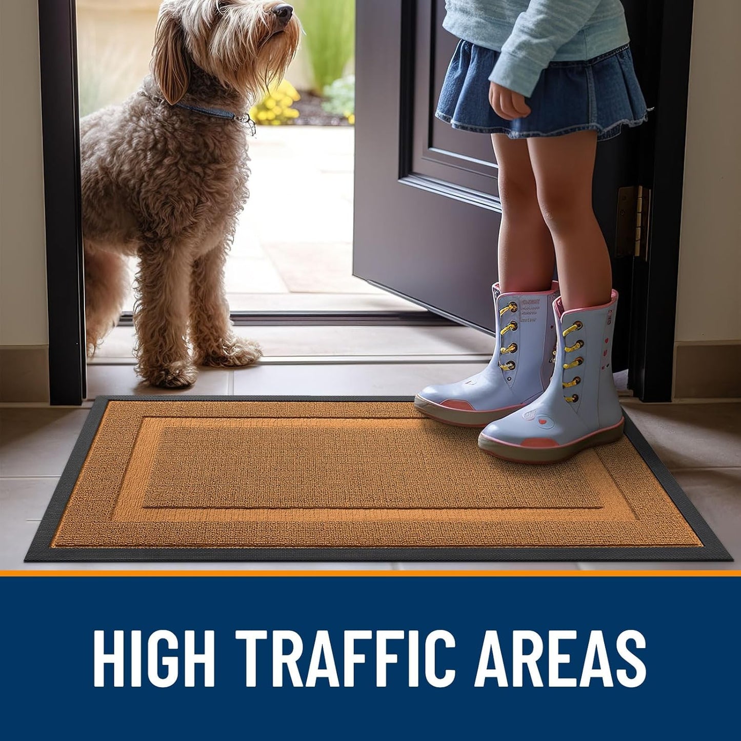OLANLY Waterproof Front Door Mat - All-Season Natural Rubber Doormat | Easy Clean, 47x23, Tangerine Orange
