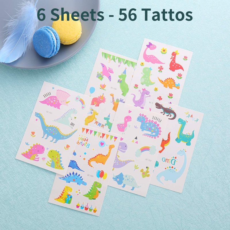 FZR Legend 24 Reusable Dinosaur Drinking Plastic Straws + 6 Dinosaur Temporary Tattoos for Kids Girls Boys | Dinosaur Birthday Party Supplies Three Rex Party Favors Decorations with Cleaning Brush