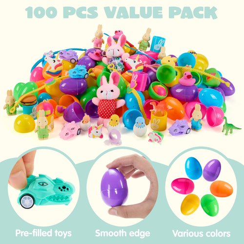 JOYIN 100 Pcs Prefilled Easter Eggs with Toys Plus Stickers, Filled with Toys Party Favors for Kids Boys Girls Easter Eggs Hunt, Basket Stuffers Fillers, Classroom Prize Supplies