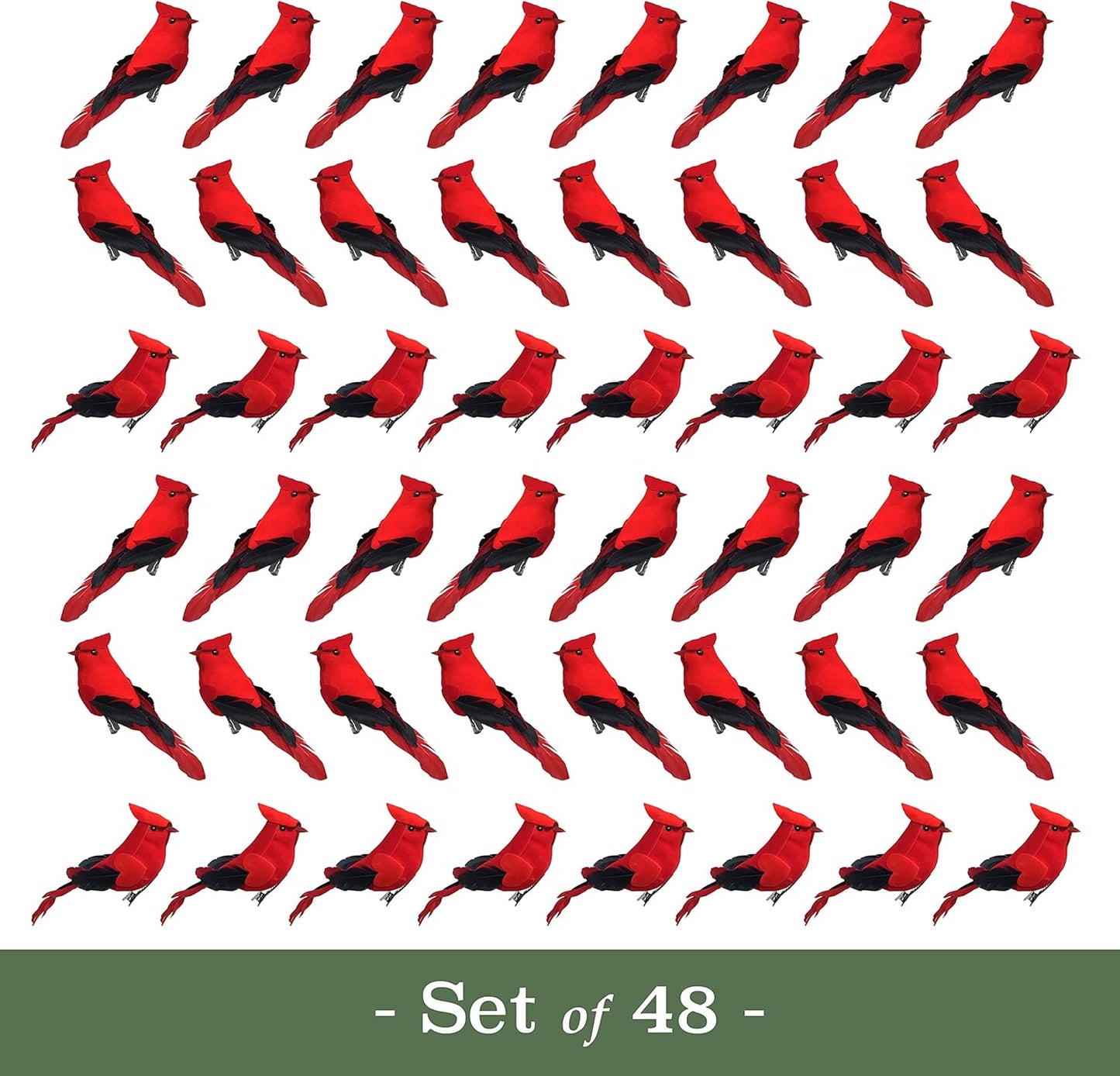 Red Cardinal Clip-On Christmas Tree Ornaments - Set of 12, 5" Long with Flocked Body & Feathered Wings