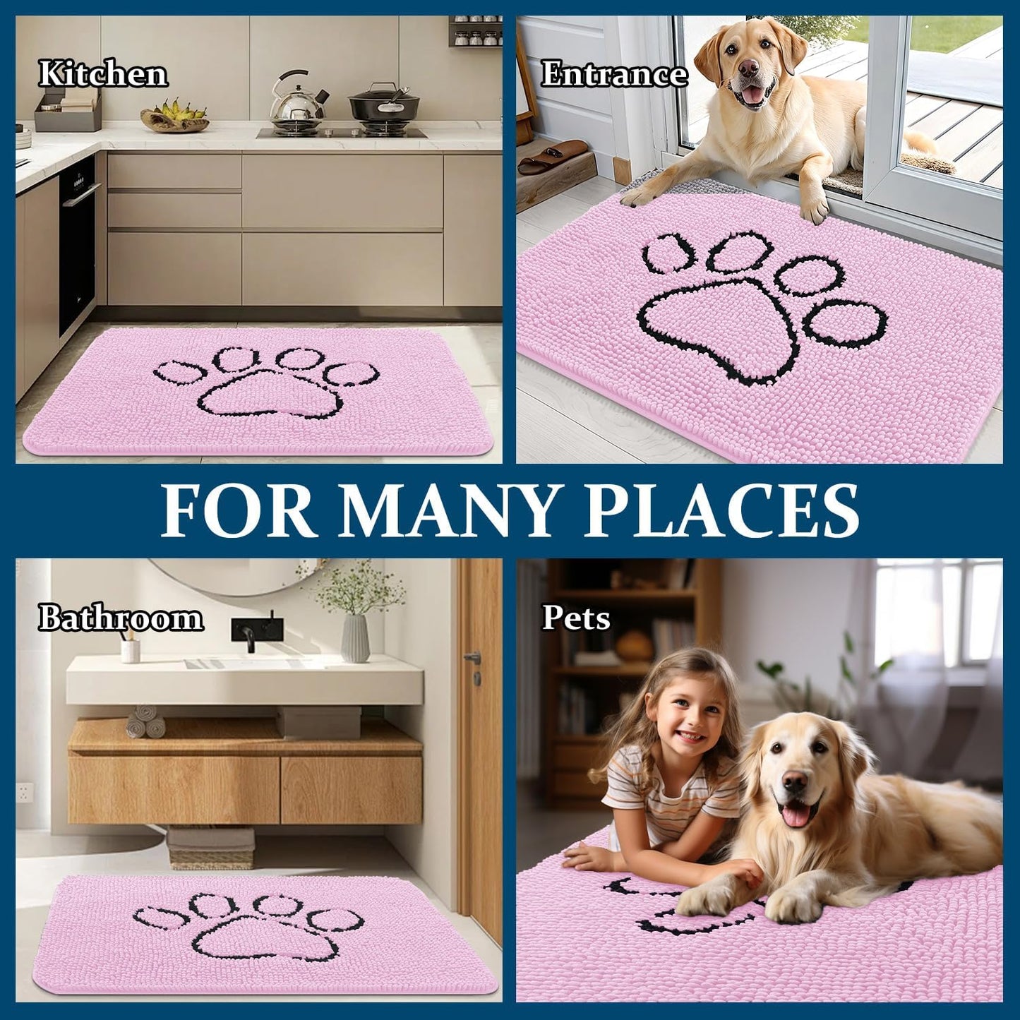 OLANLY Dog Door Mat - Absorbent Non-Slip Mud Mat for Muddy Paws | Quick Dry Chenille, 30x20, Pink