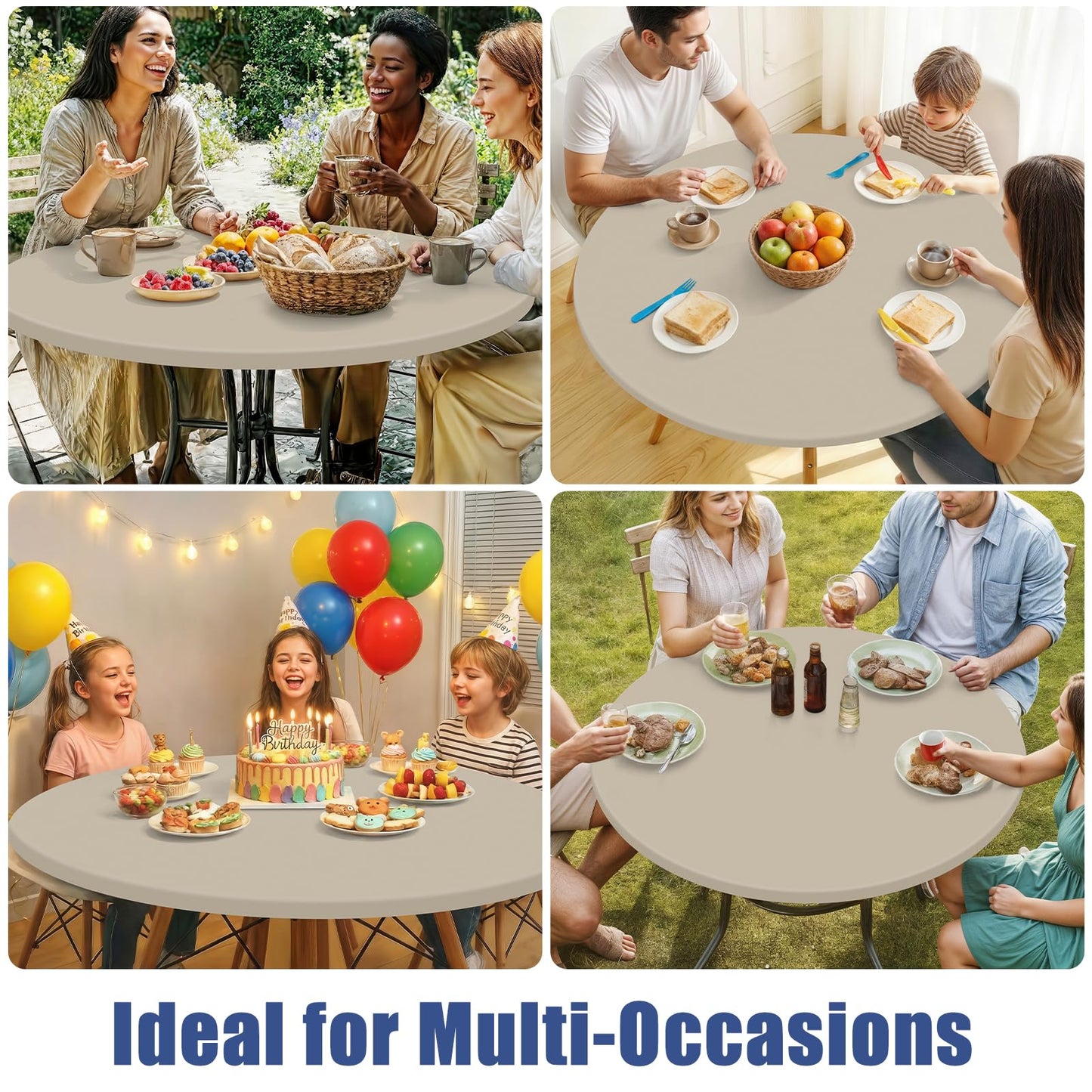 Moosfor Round Spandex Tablecloth, Elastic Fitted Waterproof Tablecloths for 57"-68" Tables, Stretch Washable Picnic Table Cover for Camping, Dining, Indoor and Outdoor, Taupe