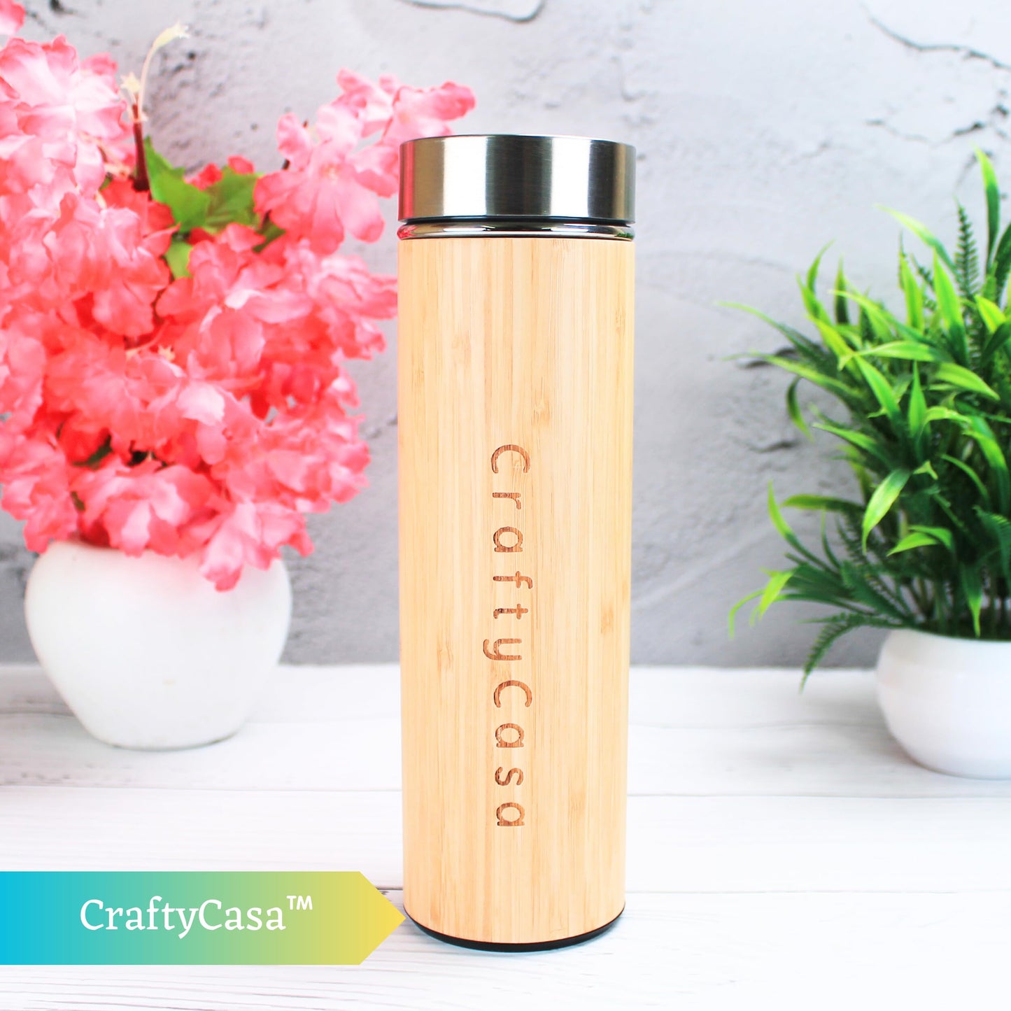 CRAFTYCASA Premium Bamboo Thermos with Tea Infuser 500ml/17oz capacity - Vacuum Insulated 304 Stainless Steel Travel Tea Tumbler Infuser Bottle for Leaf Tea & Coffee - Hot & Cold for 12 Hrs