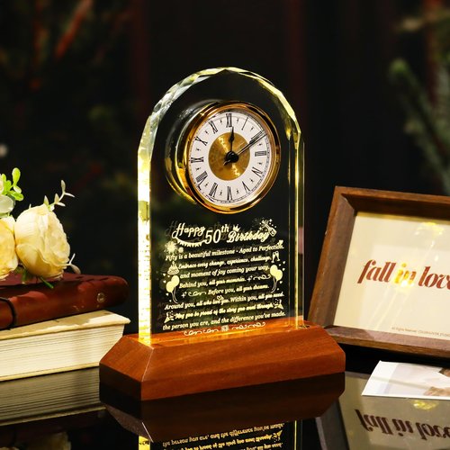 Arikyrist Happy 50th Birthday Glass Clock Gifts for Women, Men - 50 Year Old Birthday Gift with Wooden Light Base for Her Him, Turning 50 Quartz Clock Gift Idea for Mom Dad Unique Decoration