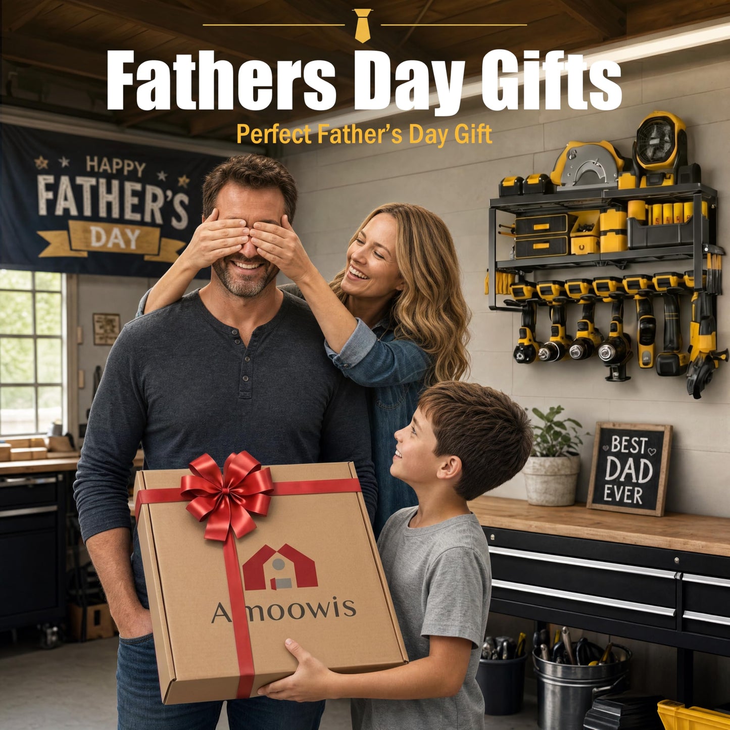 Amoowis Heavy Duty Power Tool Organizer for Wall Mount Garage Storage – 320 lbs Capacity, 3-Tier Iron Wire Rack with 8 Drill Slots, Shelf for Battery Charging Station – Gift for Fathers Day Handyman