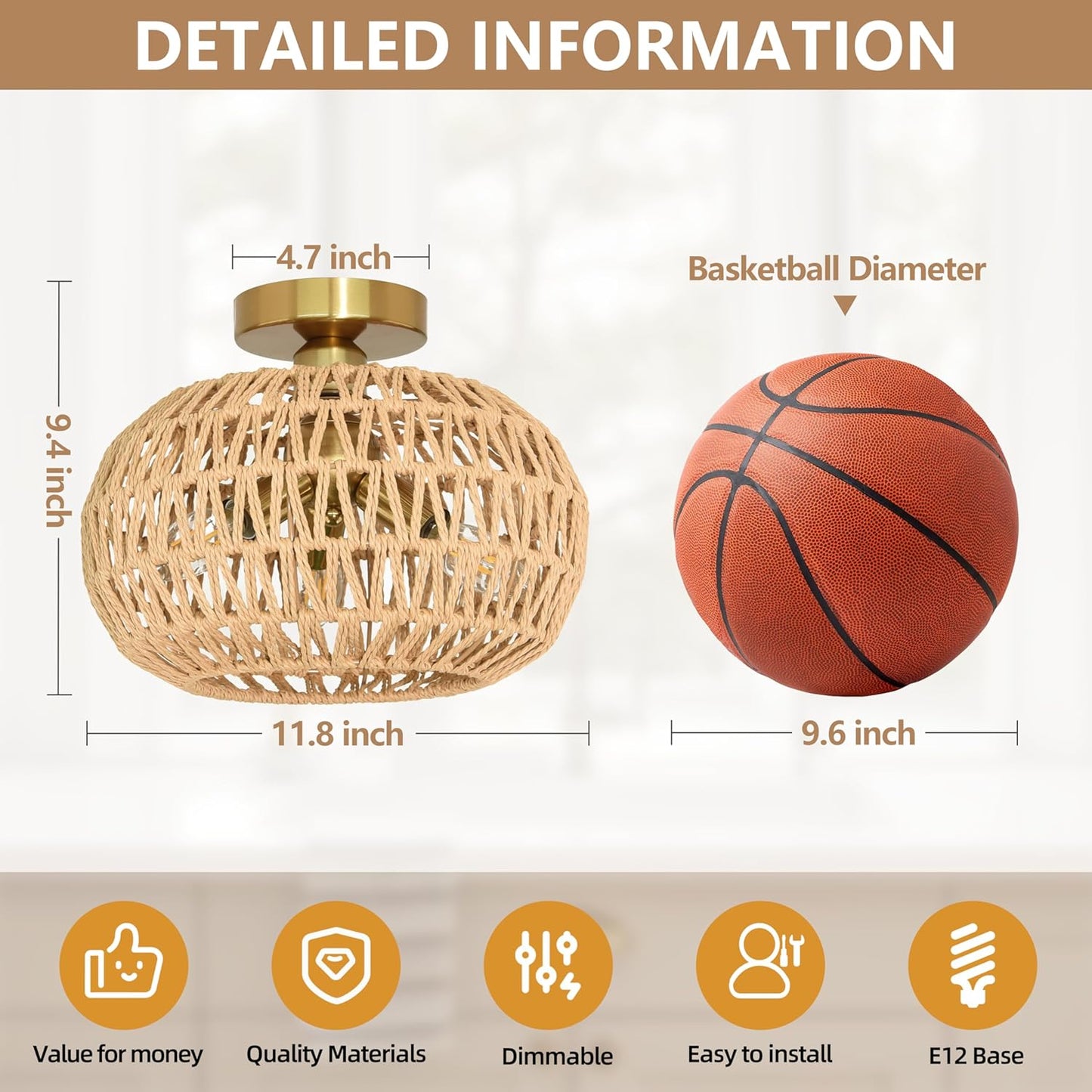 11.8" Rattan Light Fixture 3-Lights Boho Semi Flush Mount Ceiling Light Rattan Close to Ceiling Light Farmhouse Light Fixtures Ceiling with Handwoven Shade for Farmhouse Foyer