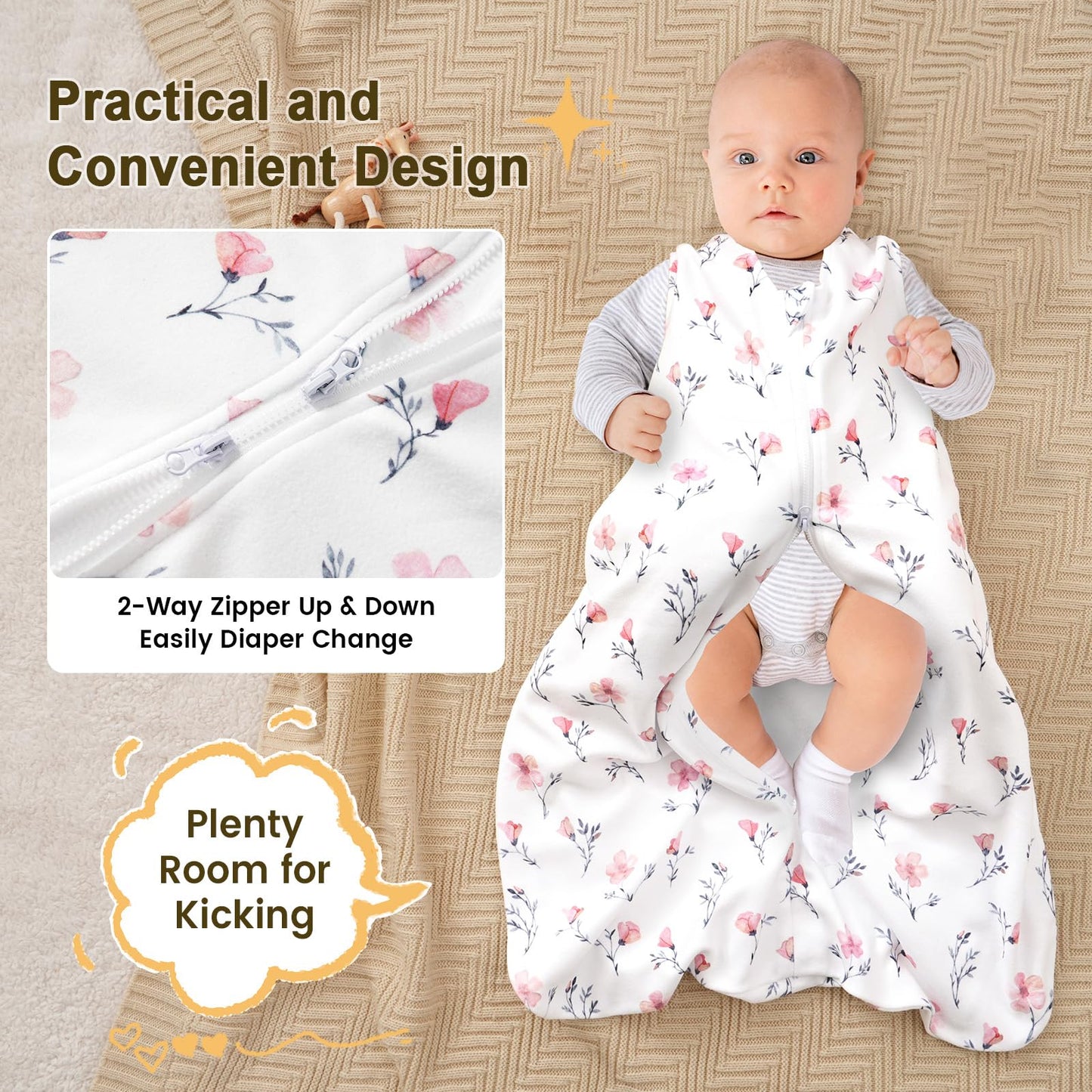 PHF 3 Pack Warm Micro-Fleece Baby Sleep Sack 12-18 Months, Soft Baby Wearable Blanket, 2-Way Zipper Sleeping Bags, Comfy Toddler Sleeping Sack for Girls, Large Size, Floral