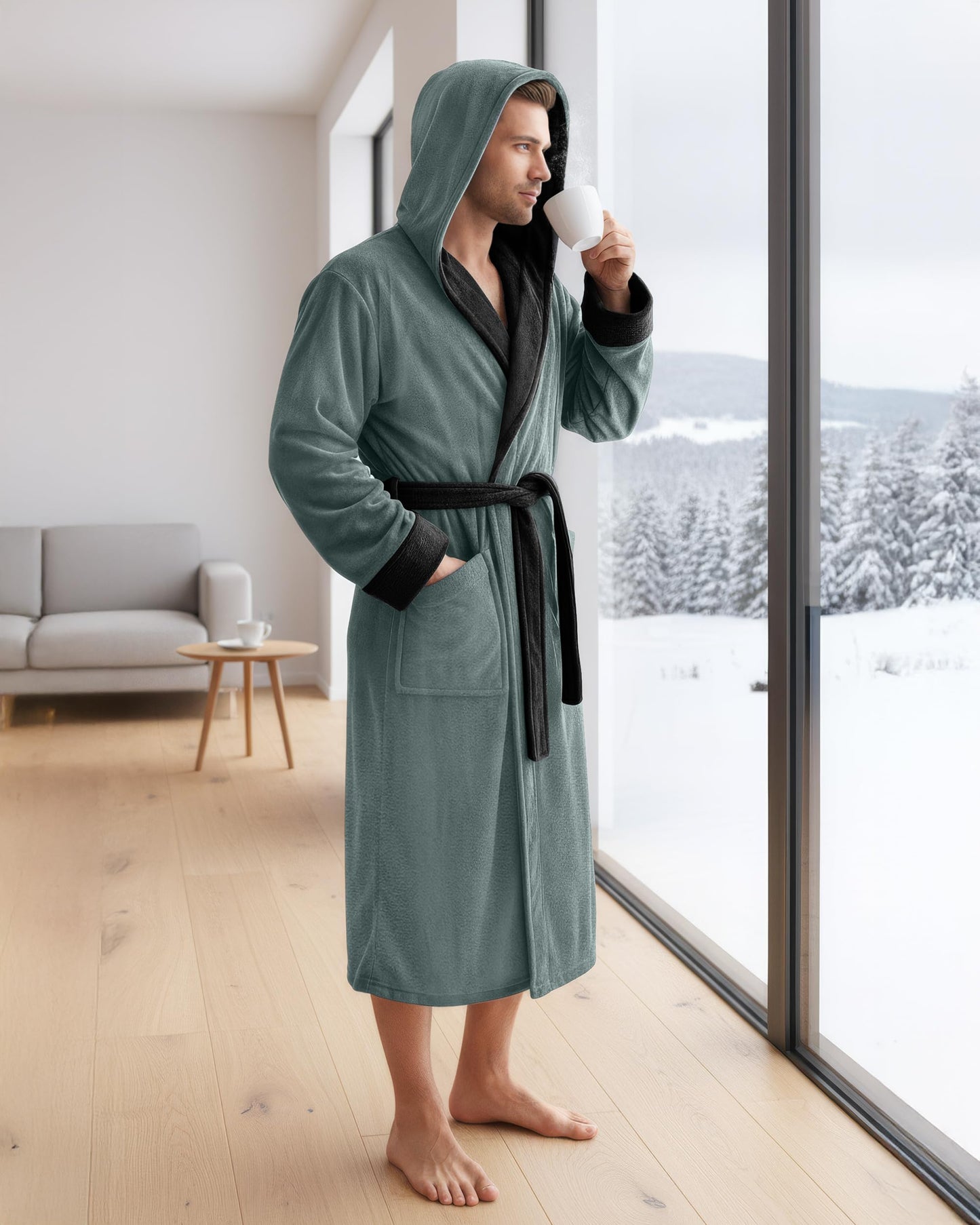 NY Threads Mens Robe with Hood, Luxury Plush Fleece Hooded Mens Bathrobe, Spa Bath Robe for Men, Small/Medium, Steel Grey and Black