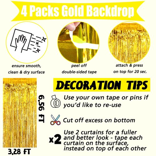 4 Pack Gold Fringe Curtain Backdrop, 3.2Ft x 6.6Ft Metallic Tinsel Foil Fringe Streamers Background for Photo Booth Birthday Wedding Baby Shower Carnival Easter Mother’s Day Party Decorations