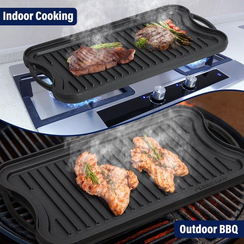 CHEFSPOT Griddle Pan for Stove Top – 20" Reversible Cast Iron Double Burner Griddle Plate, Multi-Use Preseasoned Pancake Pan with Handles - Works on most Stovetops, Grills, and Fire