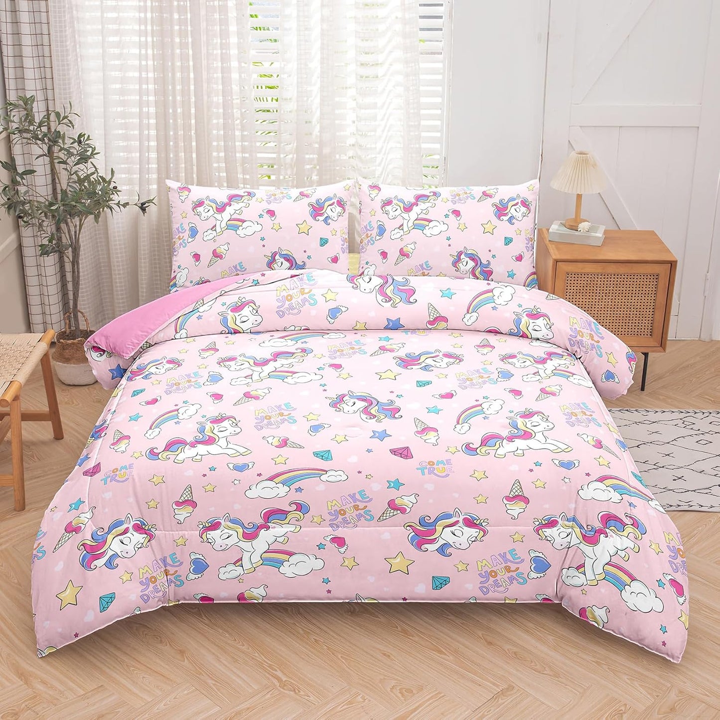 Peopleareok Unicorn Full Comforter Set for Girls Kids, Cute Pink Purple Unicorn Print Bedding Set Full, 5-Piece Bed in a Bag, Kids Cartoon Kawaii Comforter with Sheet Set