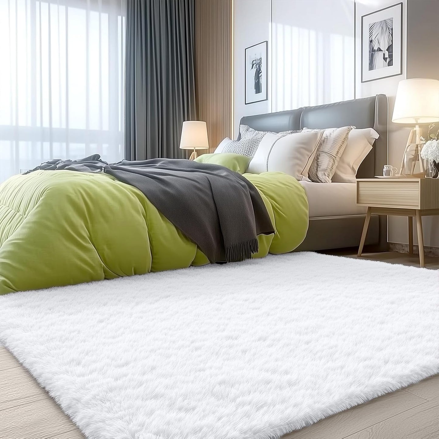 OLANLY Soft Fluffy Shaggy Area Rug - 4x5 Machine Washable Accent Rug for Bedroom & Living Room | White