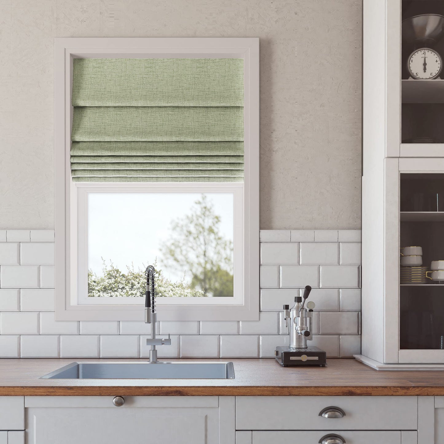 Sun Zero Seraphina Textured Total Blackout Cordless Roman Shade, 31" x 64", Sage Green