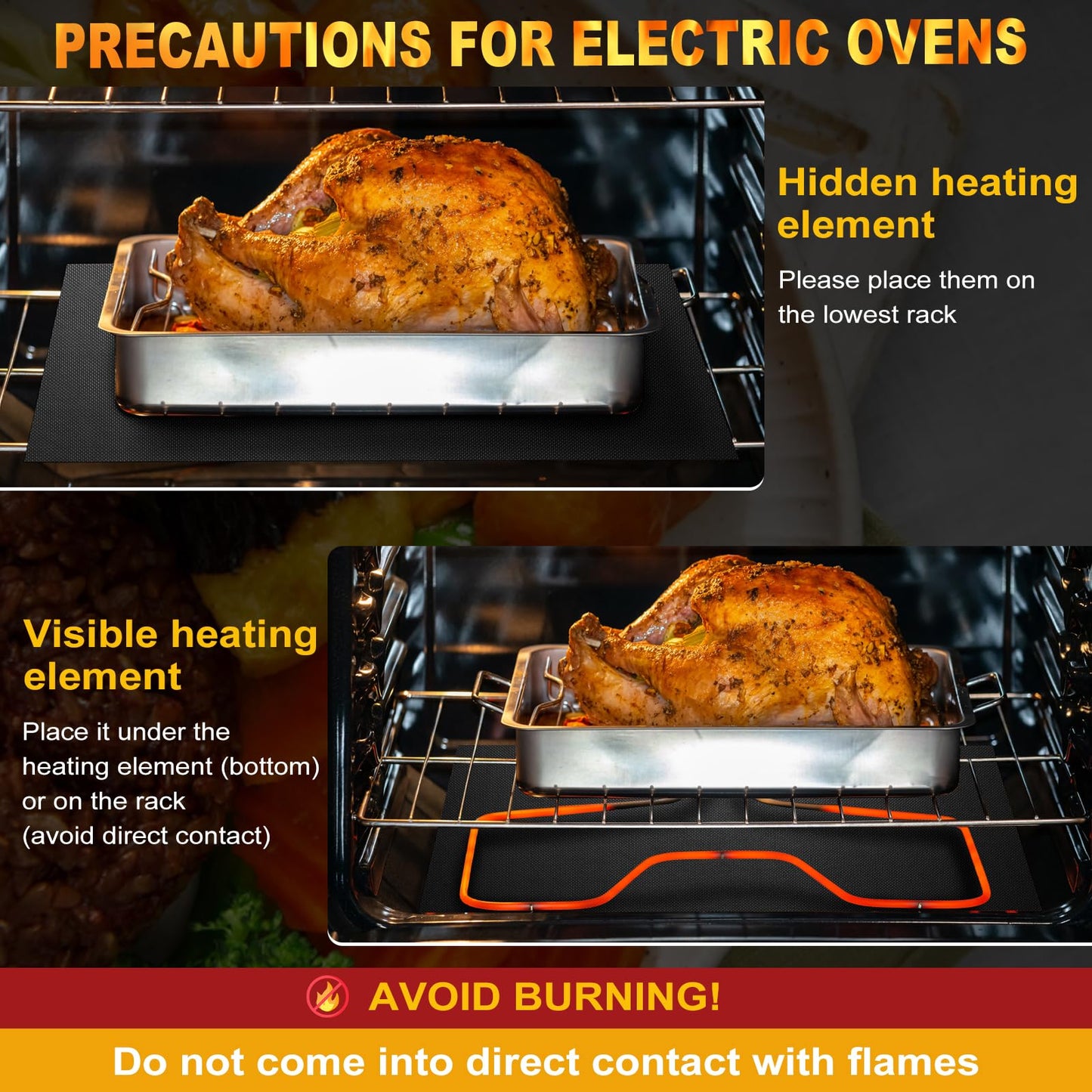 2 Pack Oven Liners for Bottom of Oven, 17"x25" Heavy Duty Non-Stick Oven Liner Mat, Reusable Heat Resistant Grill & Baking Mat, BPA/PFOA Free Roaster Liners, Fits Electric, Gas, Toaster Ovens (Black)