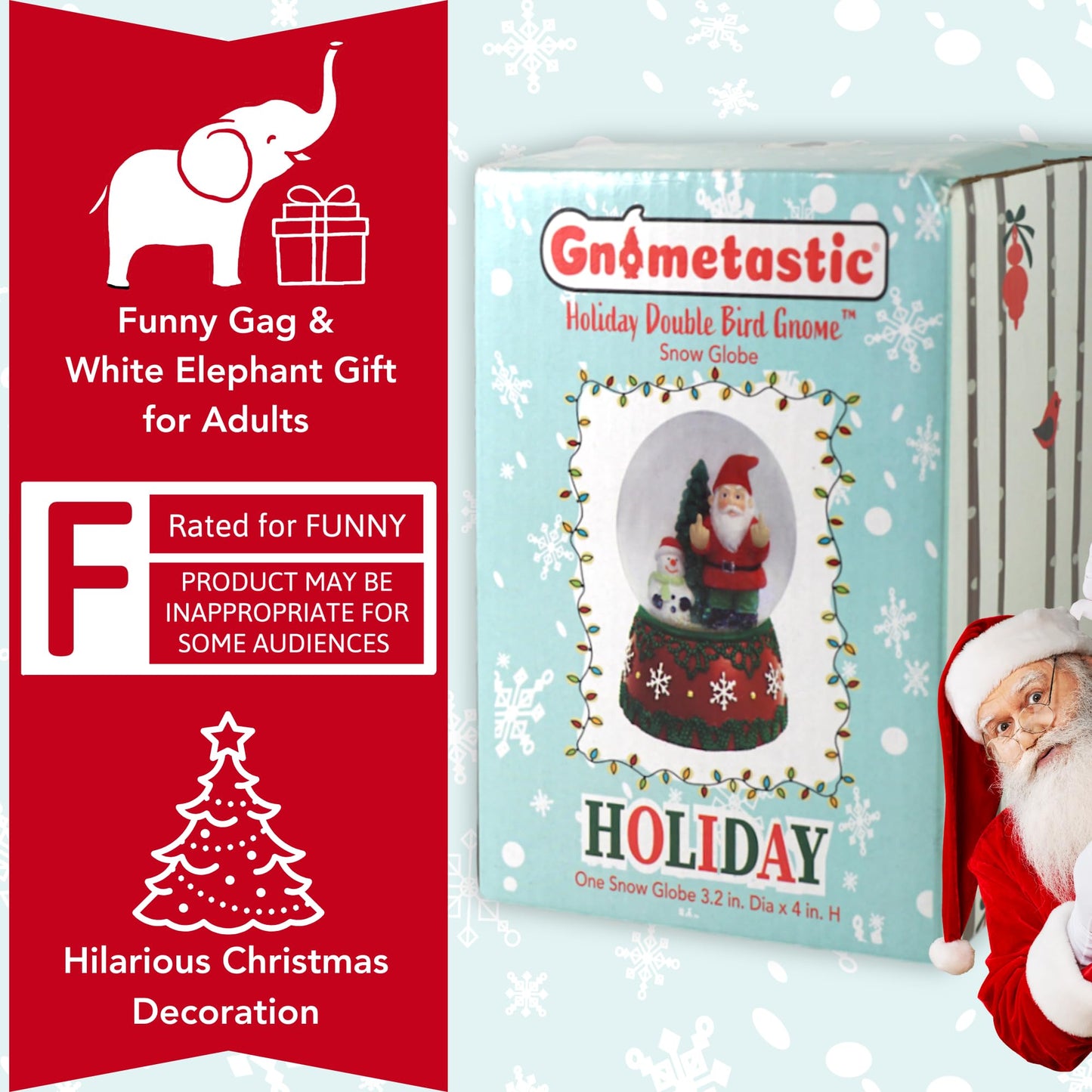 Gnometastic Gnomes Christmas Snow Globes for Adults - Holiday Double Bird Middle Finger Gnome, Funny White Elephant Gift & Gnome Decor - Mini Snow Globe 3.2in x 4in H