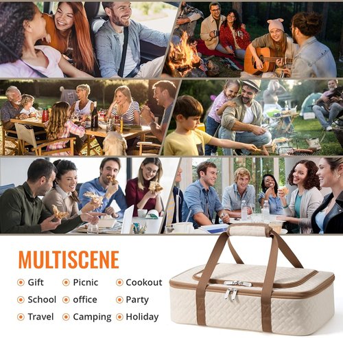 Insulated Casserole Carrier - Portable Hot/Cold Food Holder for Parties & Travel | Fits 9" x 13" Dish (Beige)