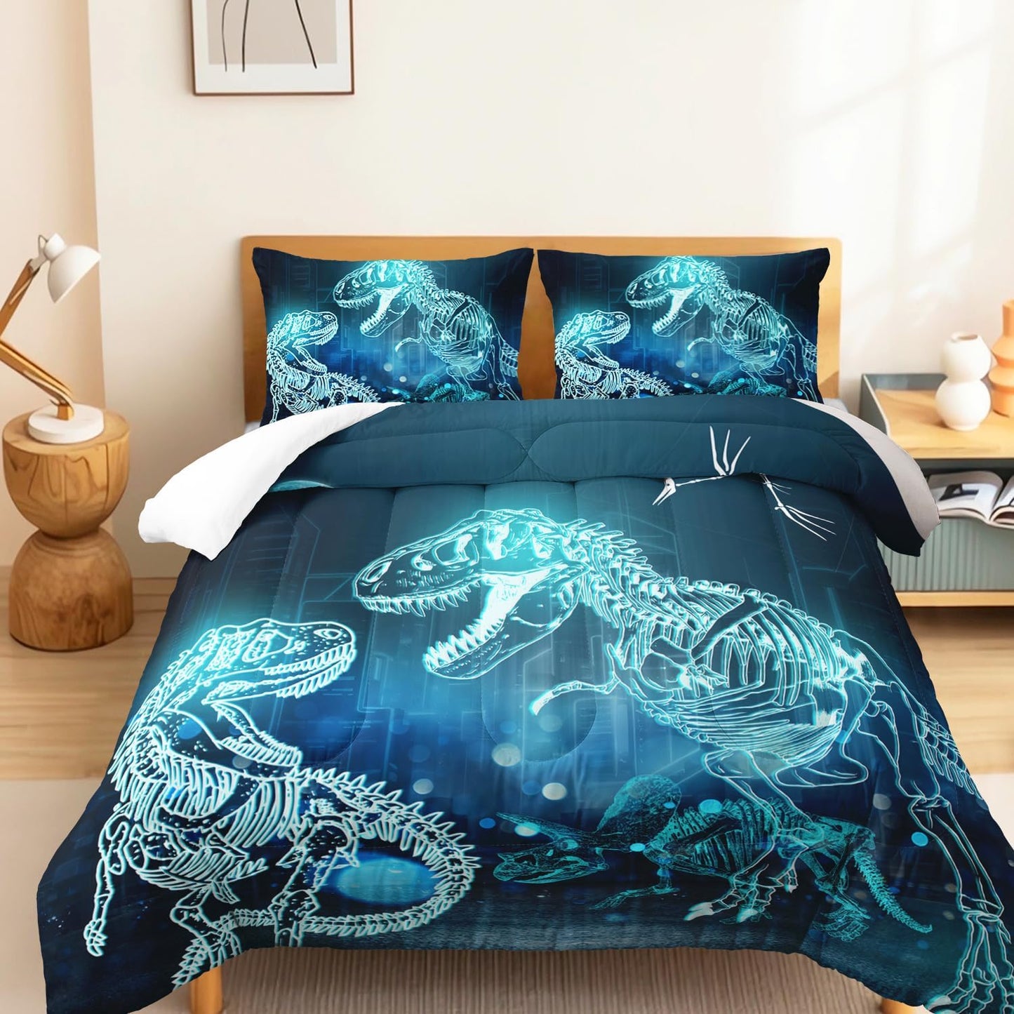 Dinosaur Comforter Set for Teens Boys Girls,Dino Eyes 3 Pieces Bedding Set Queen,Dark Blue Lightweight Down Alternative Bedding Sets for All Season