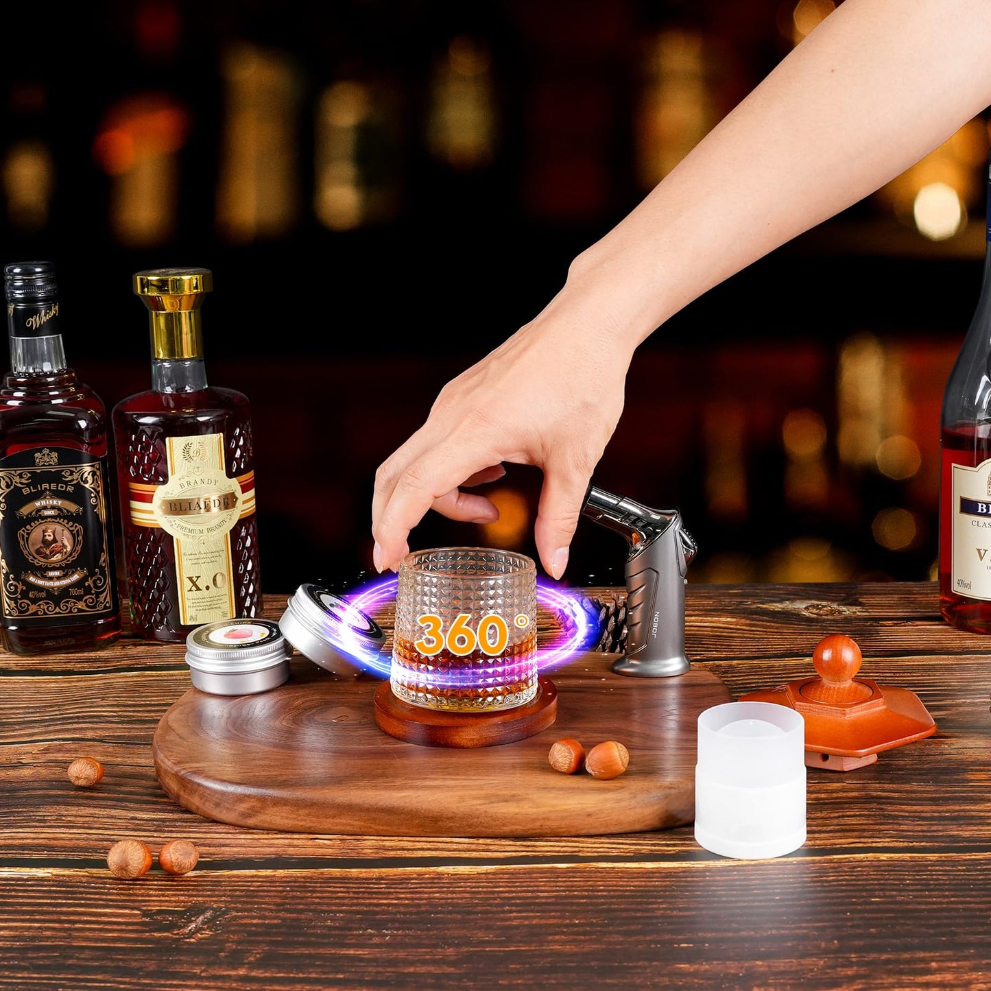 Whiskey Smoker Kit with Torch - 6 Flavors Wood Chips, 2 Rotatable Whiskey Glasses, 2 Ice Ball Molds - Cocktail Smoker Infuser Kit, Old Fashioned Smoker Kit, Birthday Gifts for Men, Dad(NO Butane)