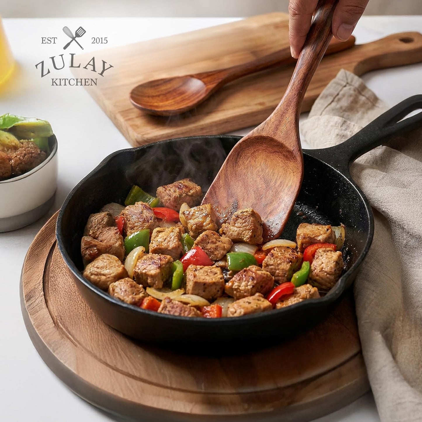 Zulay Kitchen 9-Piece Teak Wood Cooking Utensil Set - Non-Toxic, Non-Stick Wooden Spoons & Tools | Comfortable Grip & Smooth Finish