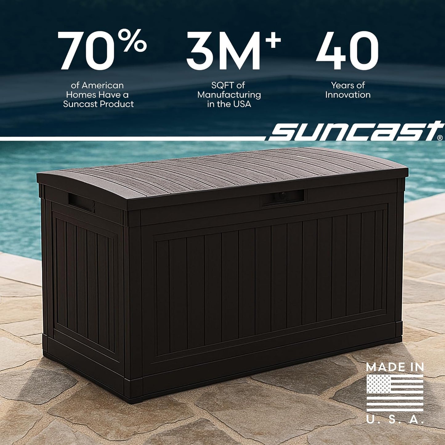 Suncast 80-Gal. Resin Outdoor Patio Deck Box - Modern Storage Solution for Cushions & Garden Tools, Java