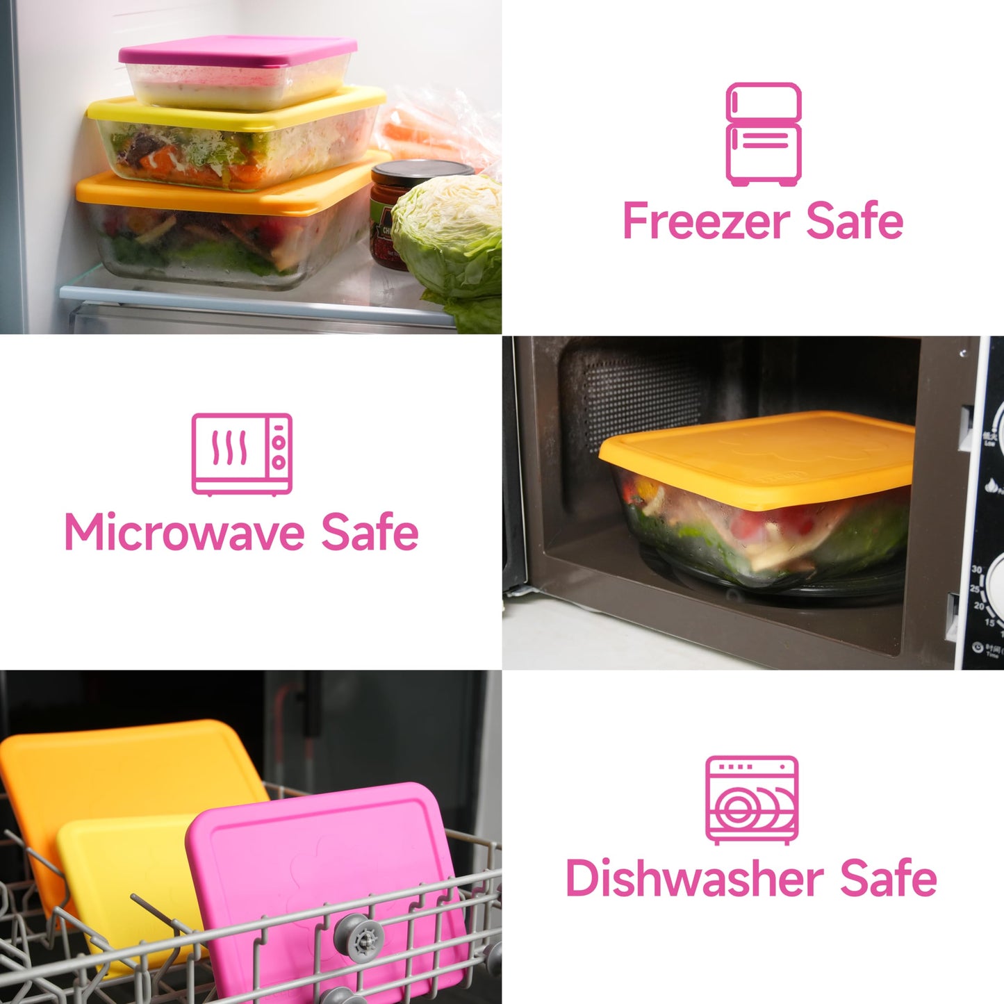 LUVCOSY 3 Cup 6 Cup 11 Cup Rectangle Silicone Storage Cover Lids Replacement for Pyrex 7210-PC, 7211-PC, 7212-PC Glass Bowls, (Container not Included) 6 Pack, Microwave, Dishwasher and Freezer Safe