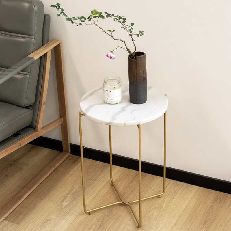 ALPOME Real Marble Side Table, No Assembly Required Round End Table for Living Room, 15" Modern Small Accent Bedside Table with Gold Metal Legs, Waterproof Nightstand for Sofa, Bedroom, White