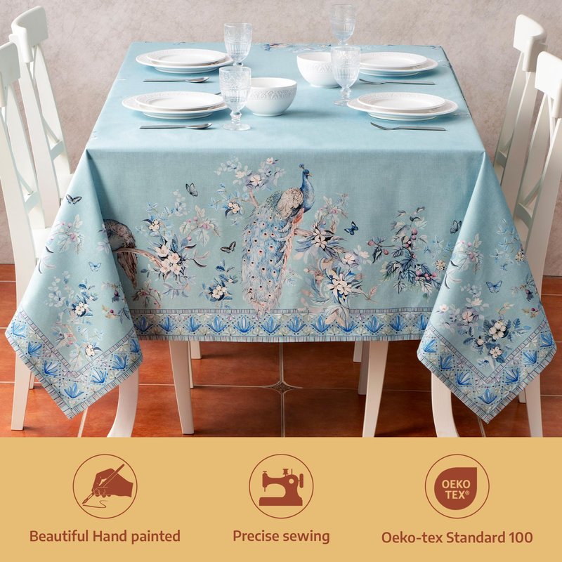 Maison d' Hermine Premium Table Cloth Rectangle Table 100% Combed Cotton 120 x 70 Inches Tablecloth Reusable Decorative for Dining Room Home Party Festive Wedding - Peacock Utopia - Pastel Turquoise