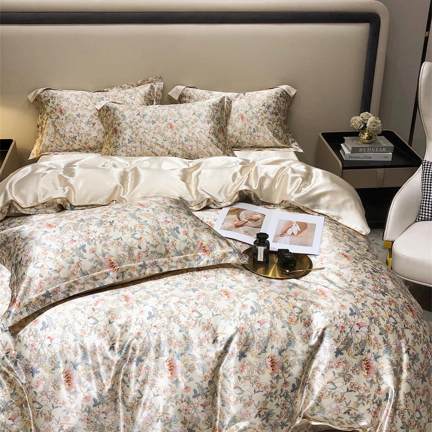 TodaFre Beige Satin Duvet Cover Queen Size, Cooling Breathable Bedding Set for Hot Sleepers - 1 Floral Patterned Duvet Cover 90x90 Inches with Zipper Closure, 2 Pillowcases