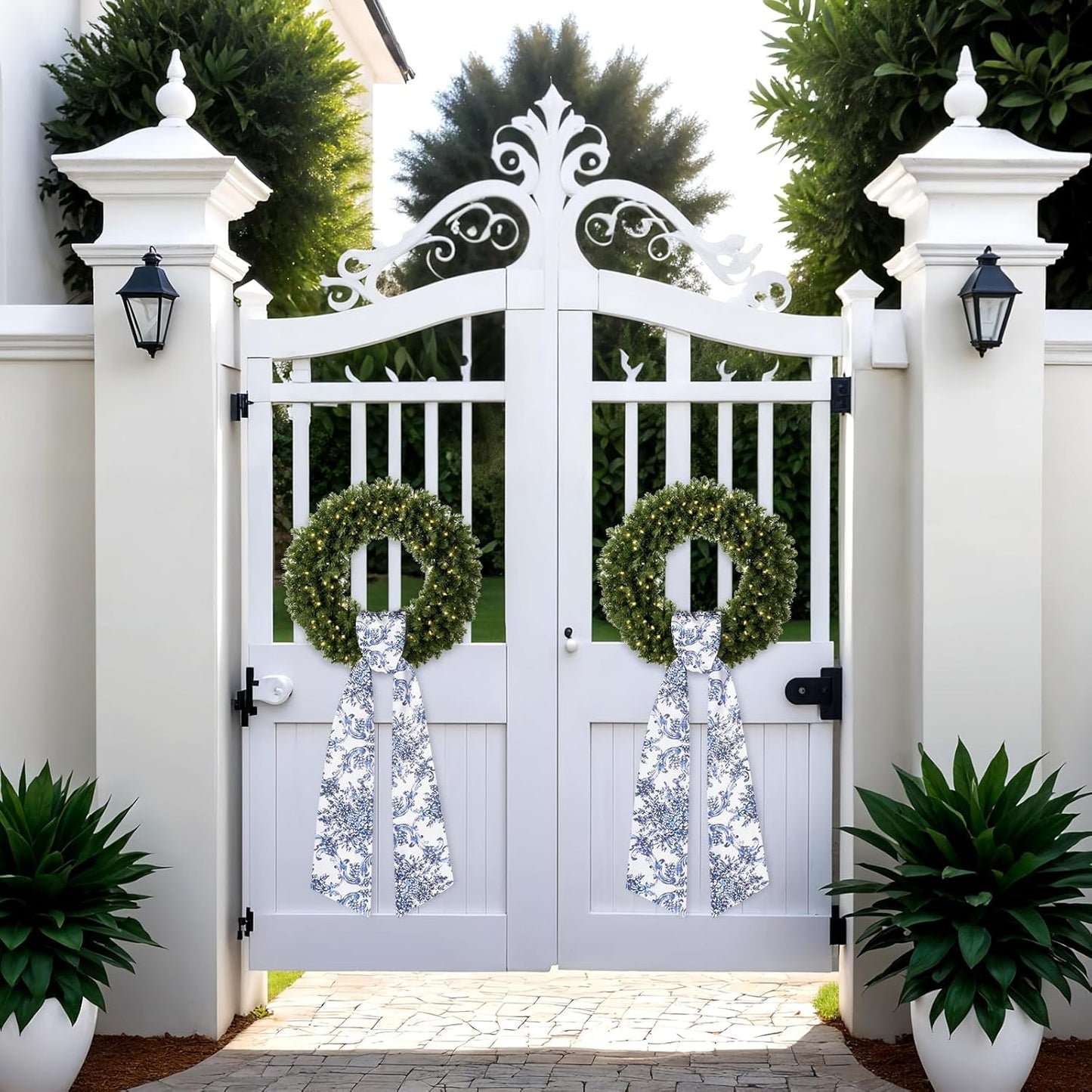 Skiennix Chinoiserie Satin Blue & White Flower Wreath | 2-Piece Door & Wall Decor Set