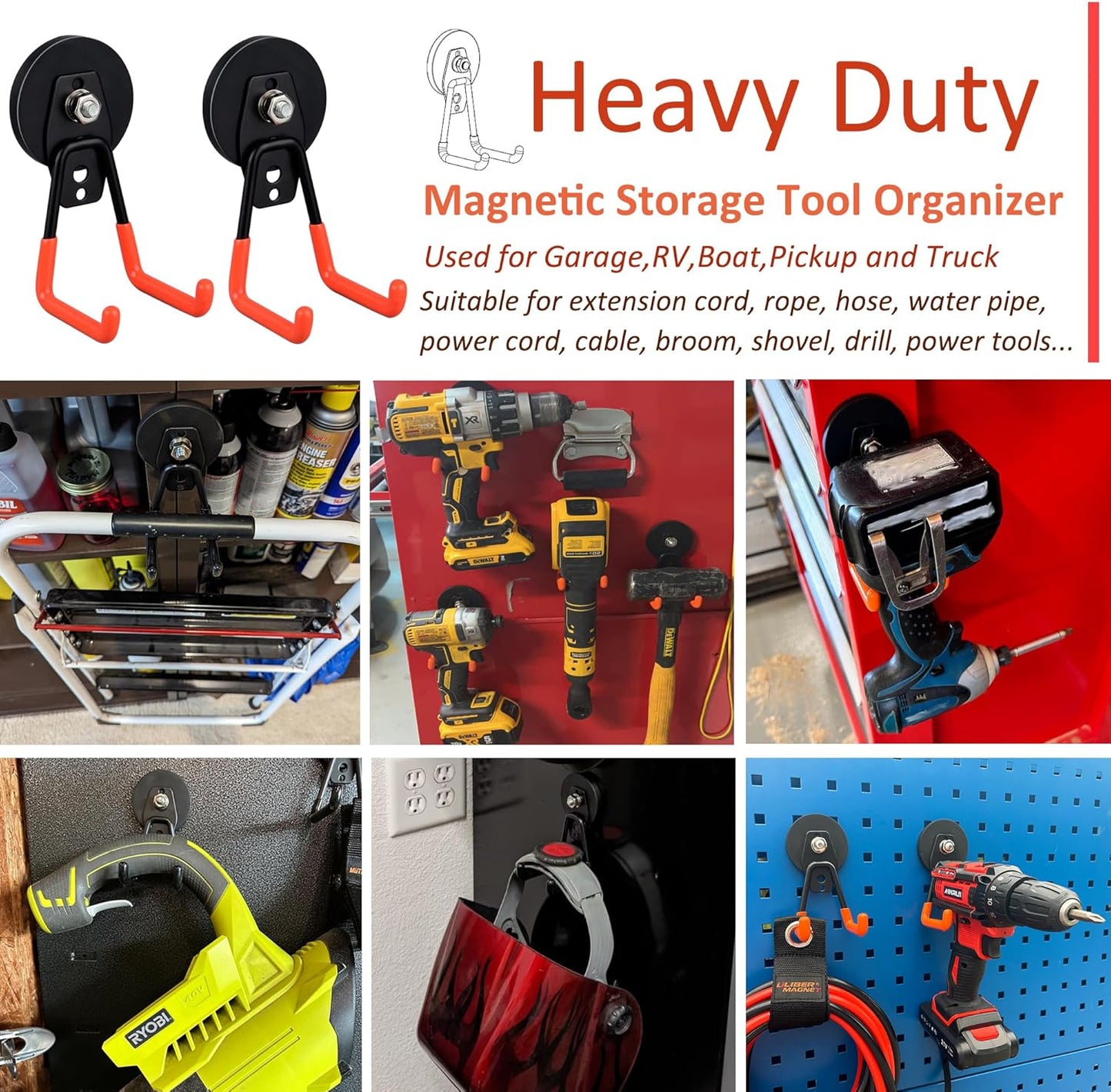 ULIBERMAGNET Heavy Duty Garage Magnet Hooks - 3 Pack Strong Magnetic Utility Hooks with Anti-Slip Coating | Orange