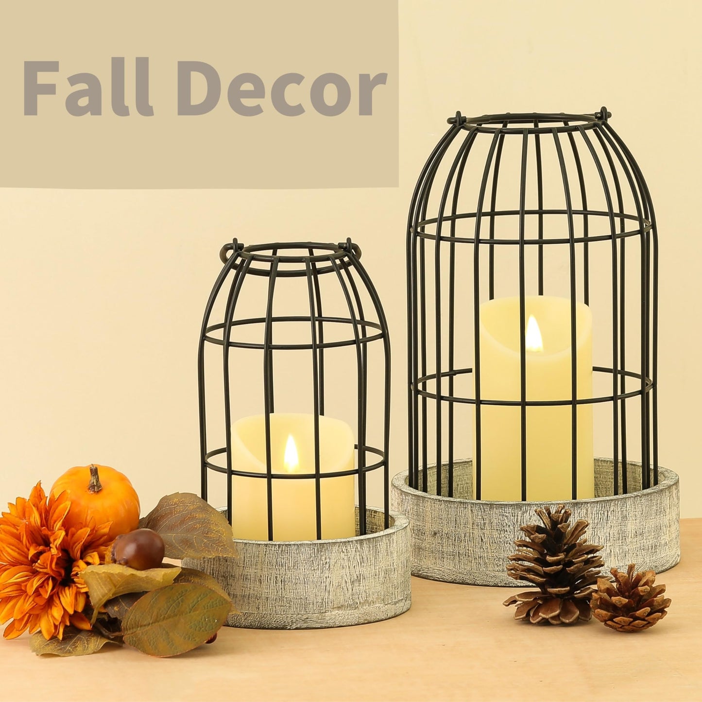 Perfnqiue Farmhouse Lantern Decor, Candle Lantern Decorative for Home Decor, Rustic Lantern Candle Holder Set of 2 for Living Room, Wooden Centerpieces for Kitchen Dining Table, Ideal Gift (White)