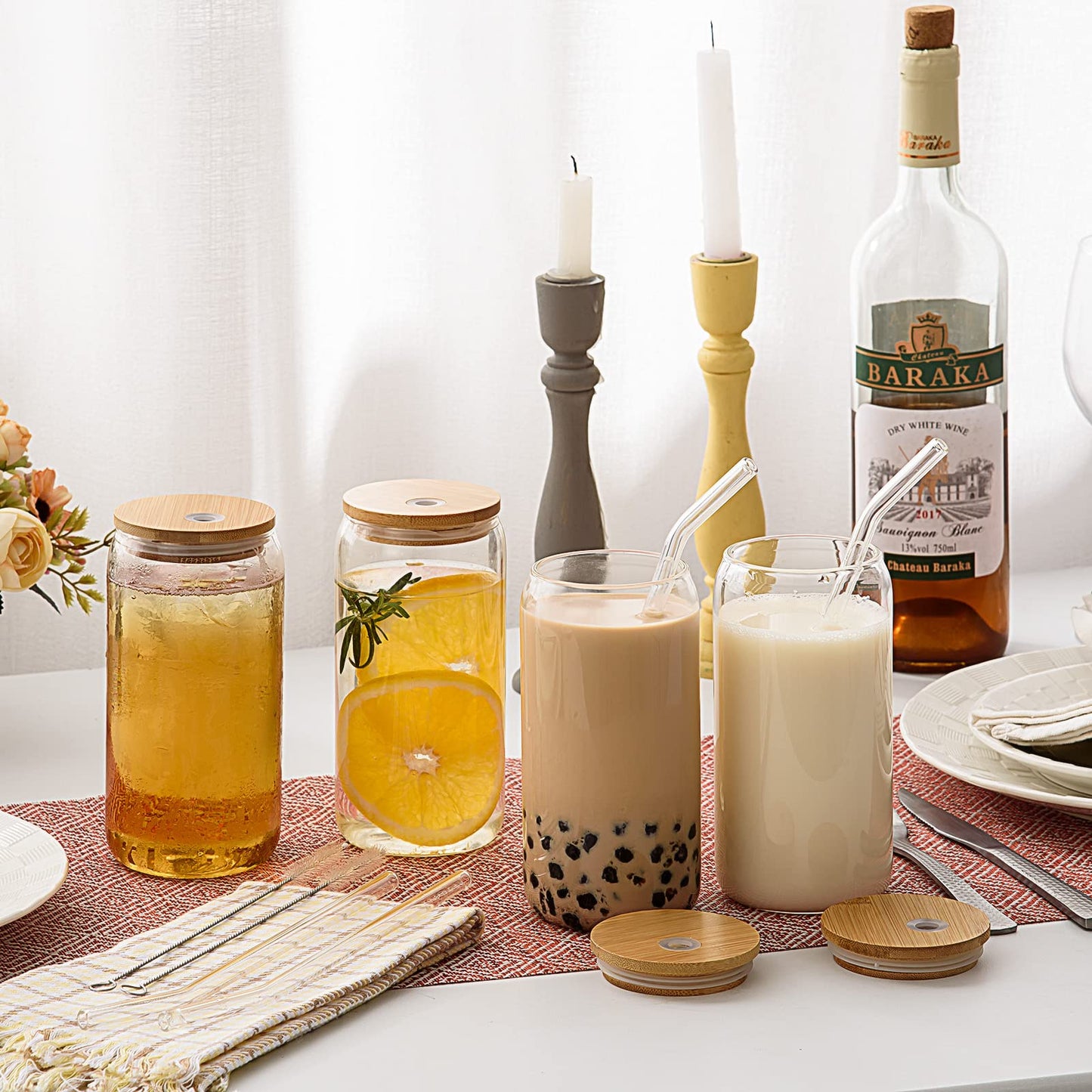 MOHARY Drinking Glasses with Bamboo Lids and Glass Straw 2PCS Set - 16oz Glass Cups with Lids and Straws, Iced Coffee Glasses, Ideal for Whiskey, Beer, Tea, Gift 1 Cleaning Brushes