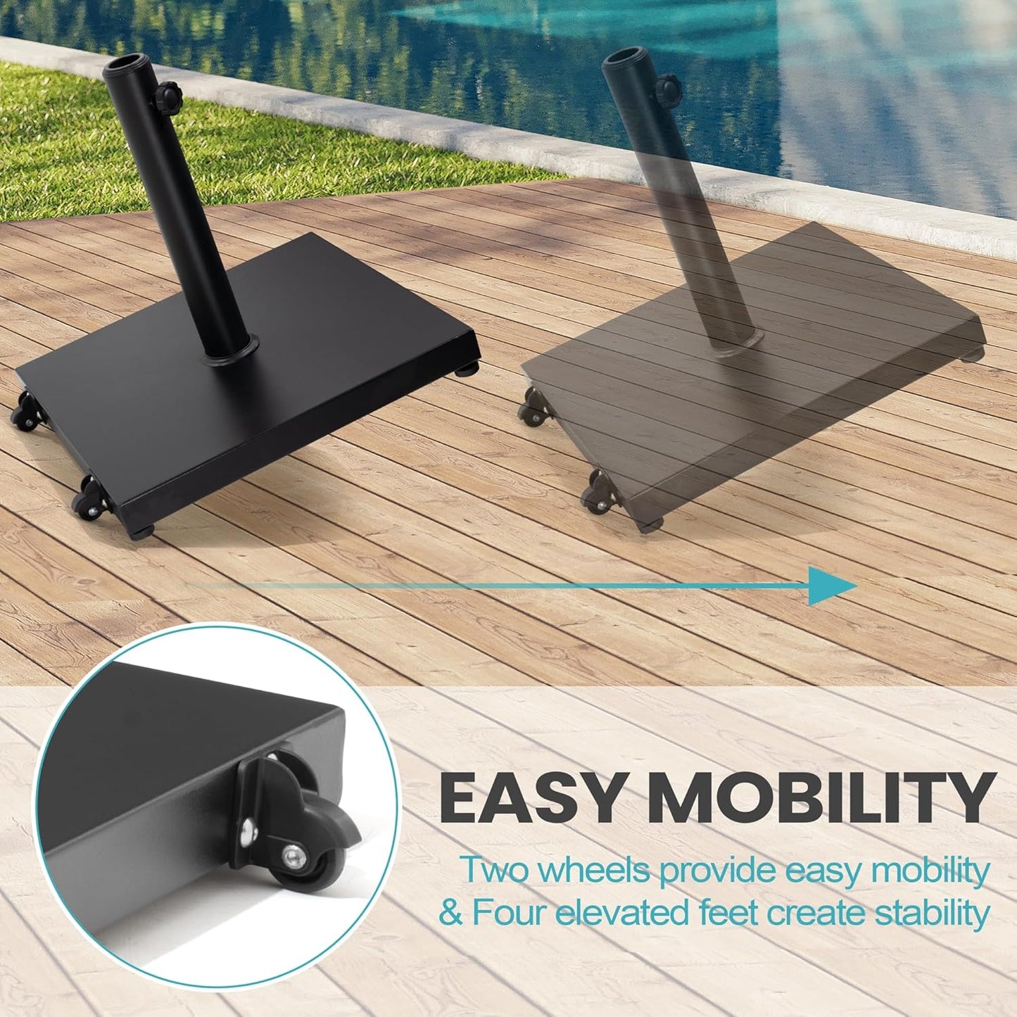 Patio Umbrella Base - 43lbs Heavy-Duty Concrete Stand with Wheels | Black Square Outdoor Umbrella Holder