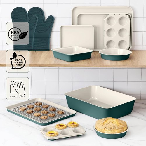 Country Kitchen Nonstick Bakeware Set - Deluxe 13-Piece Heavy Duty Baking Set in Sage