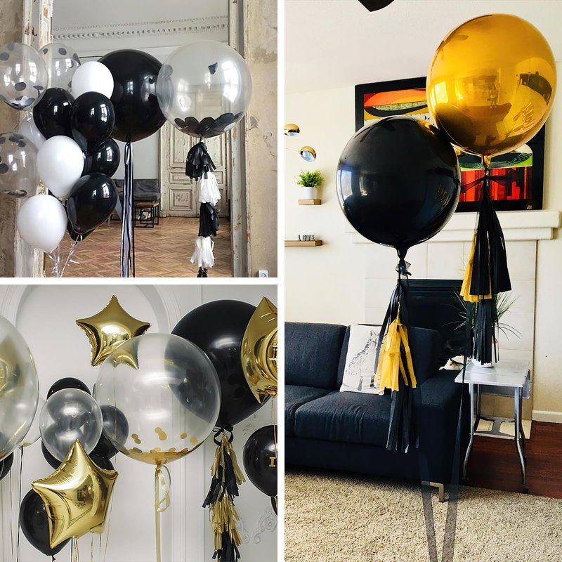 PartyWoo Black Foil Balloons 3pcs 50 Inch Large Round Foil Big Giant 4D Jumbo Inflatable Mirror Ball Mylar Balloons for Halloween Graduation Birthday Retirement Anniversary Party Decorations