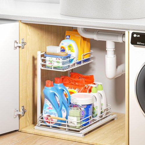 Delamu Under Sink Organizer - Height Adjustable Storage Shelf | 2 Pack for Kitchen & Bathroom