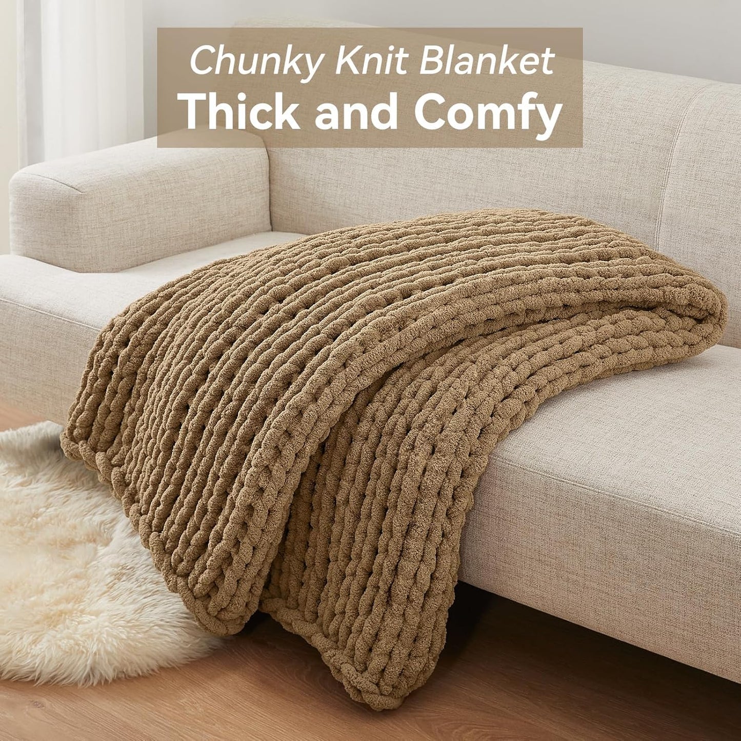 Negwoo Chunky Knit Throw Blanket - Handmade Light Brown Chenille Yarn | 40'' x 50'' Cozy Decor