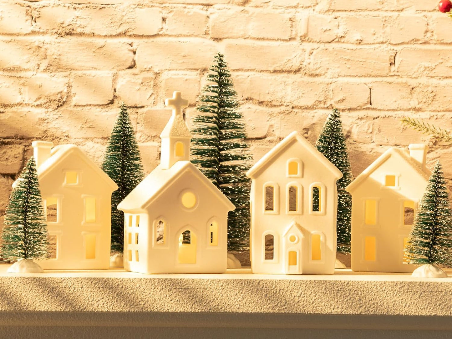 Regine Switzerland Christmas Village Figurines Set - 4 Lighted Ceramic Houses with Remote & 5 Trees - Rustic Holiday Decor for Home Table