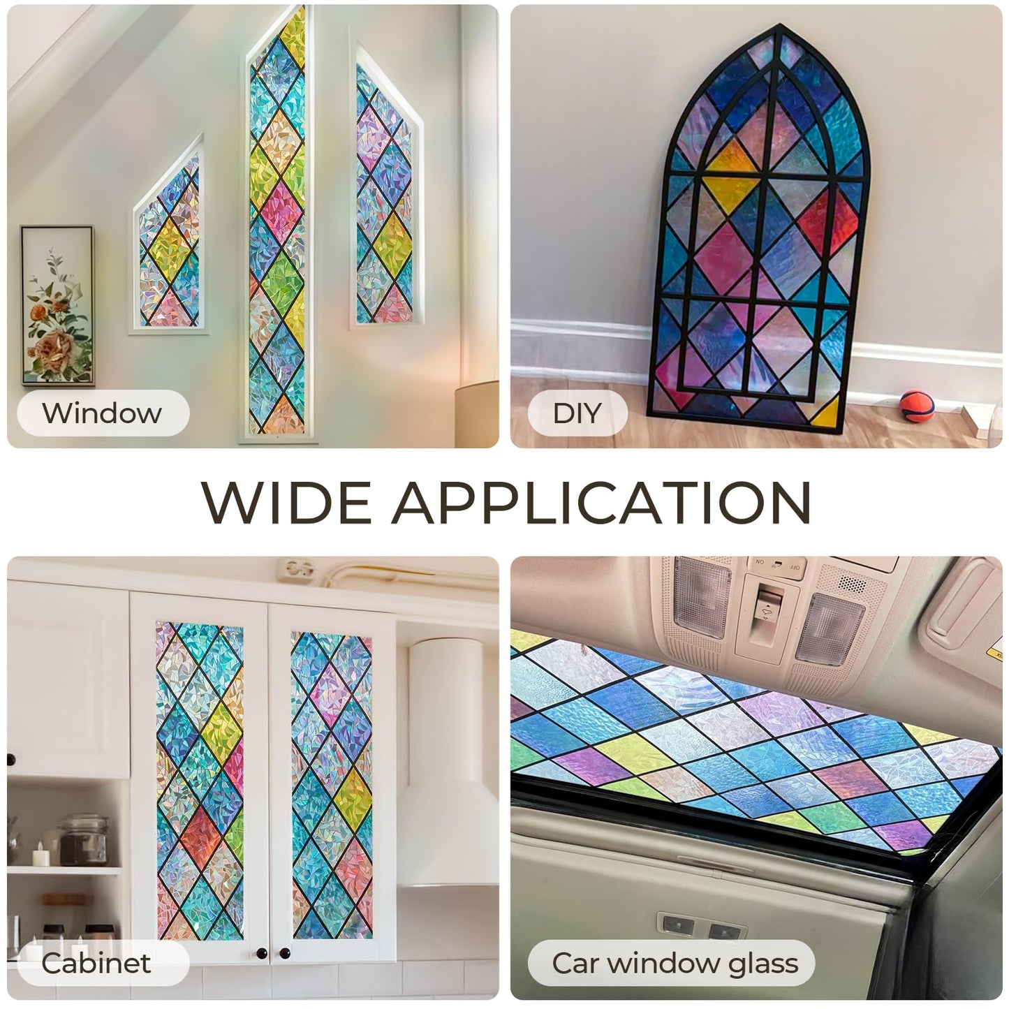 Windimiley Stained Glass Window Privacy Film:3D Rainbow Floral Decorative Frosted Static Cling Bathroom Heat Control Sun Blocking Window Sticker Non Adhesive Door Window Covering(23.6 x78.7in,Lattice)