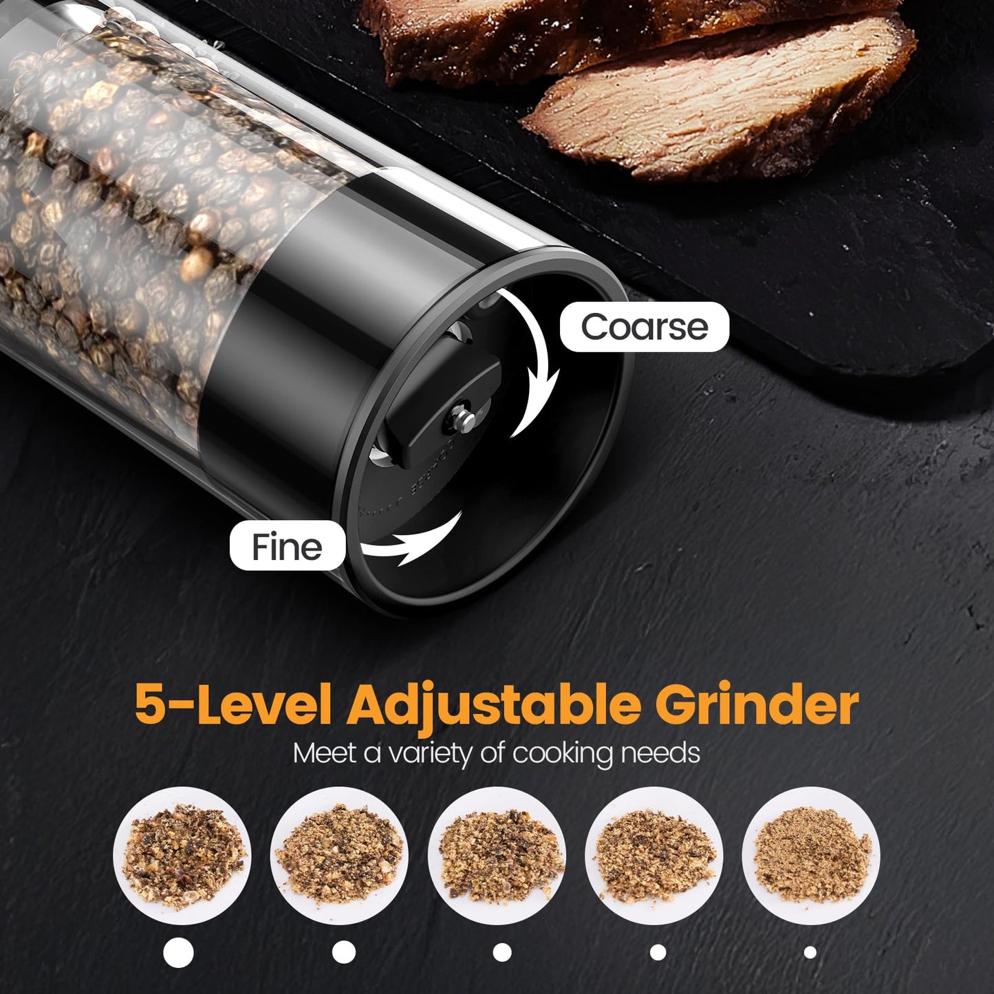 Electric Salt and Pepper Grinder Set — Gravity Rechargeable Salt Pepper Grinder with Charging Base and LED Light, Adjustable Coarseness, Large Capacity, One-handed Operation Salt Pepper Mills